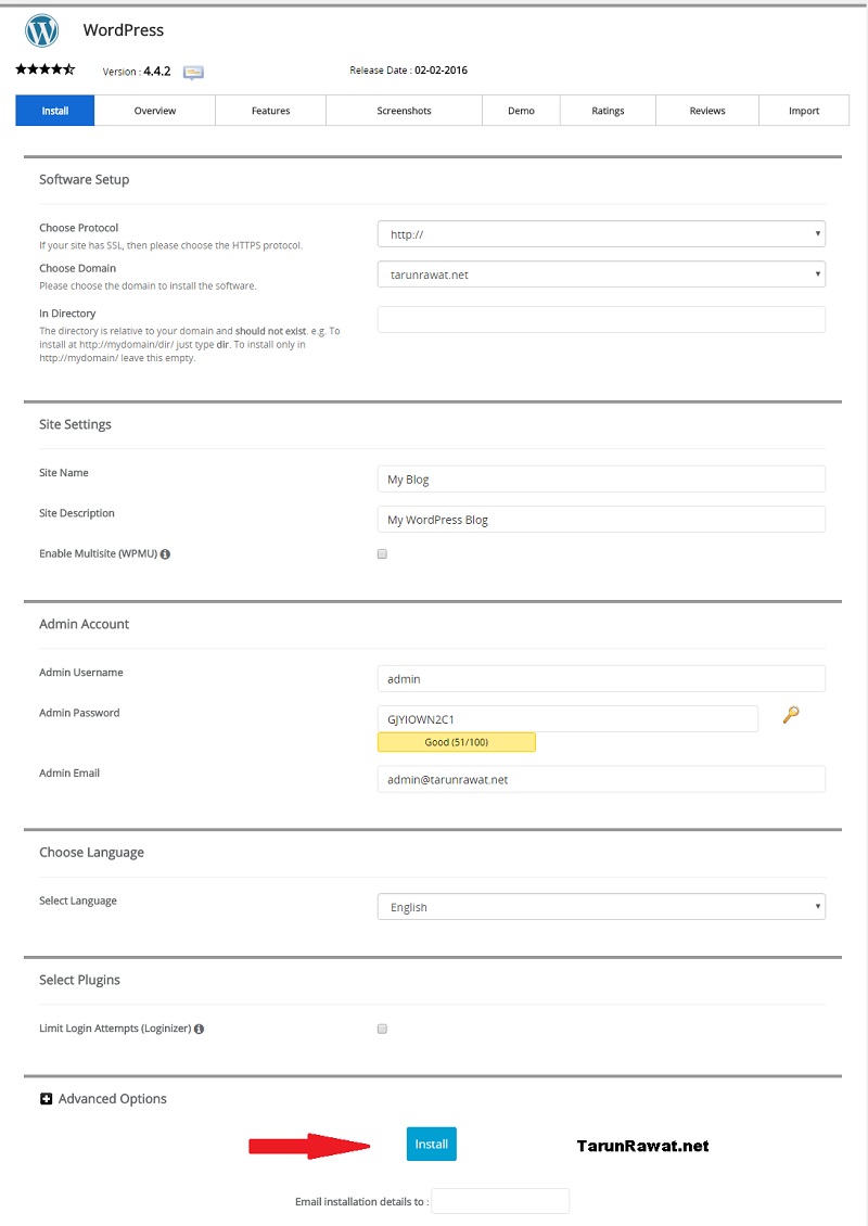 wordpress installing in c panel softaculous option