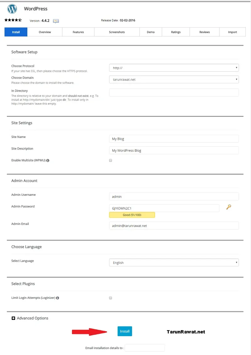 wordpress installing in c panel softaculous option